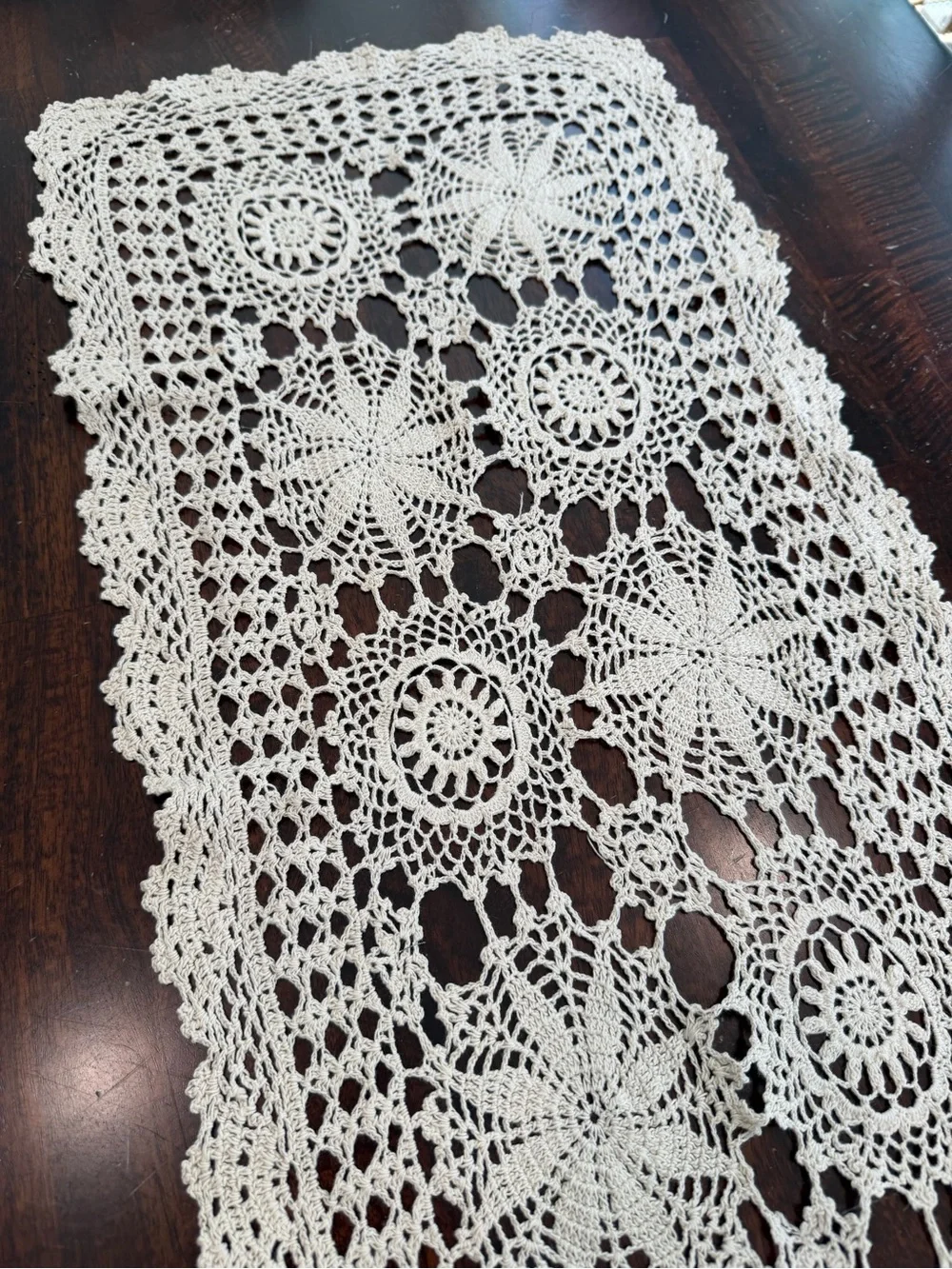 Vintage Hand-Crocheted Cream Table Runner off white 32”x13” floral Cottagecore